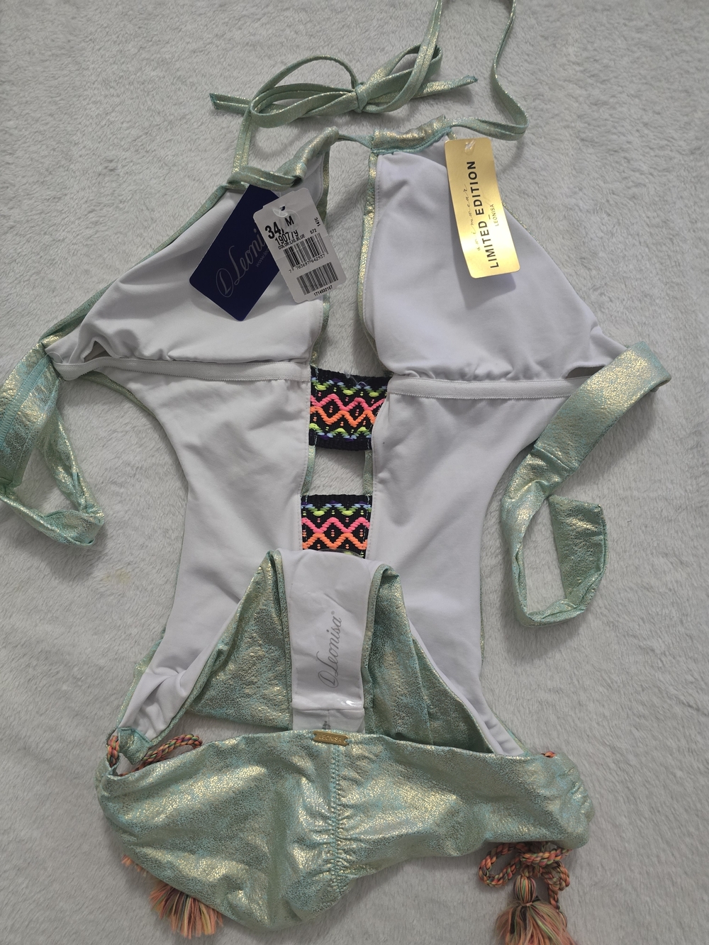 Leonisa Limited Edition Metallic Mint One-Piece Swimsuit with Tassel Accents - Picture 3 of 3